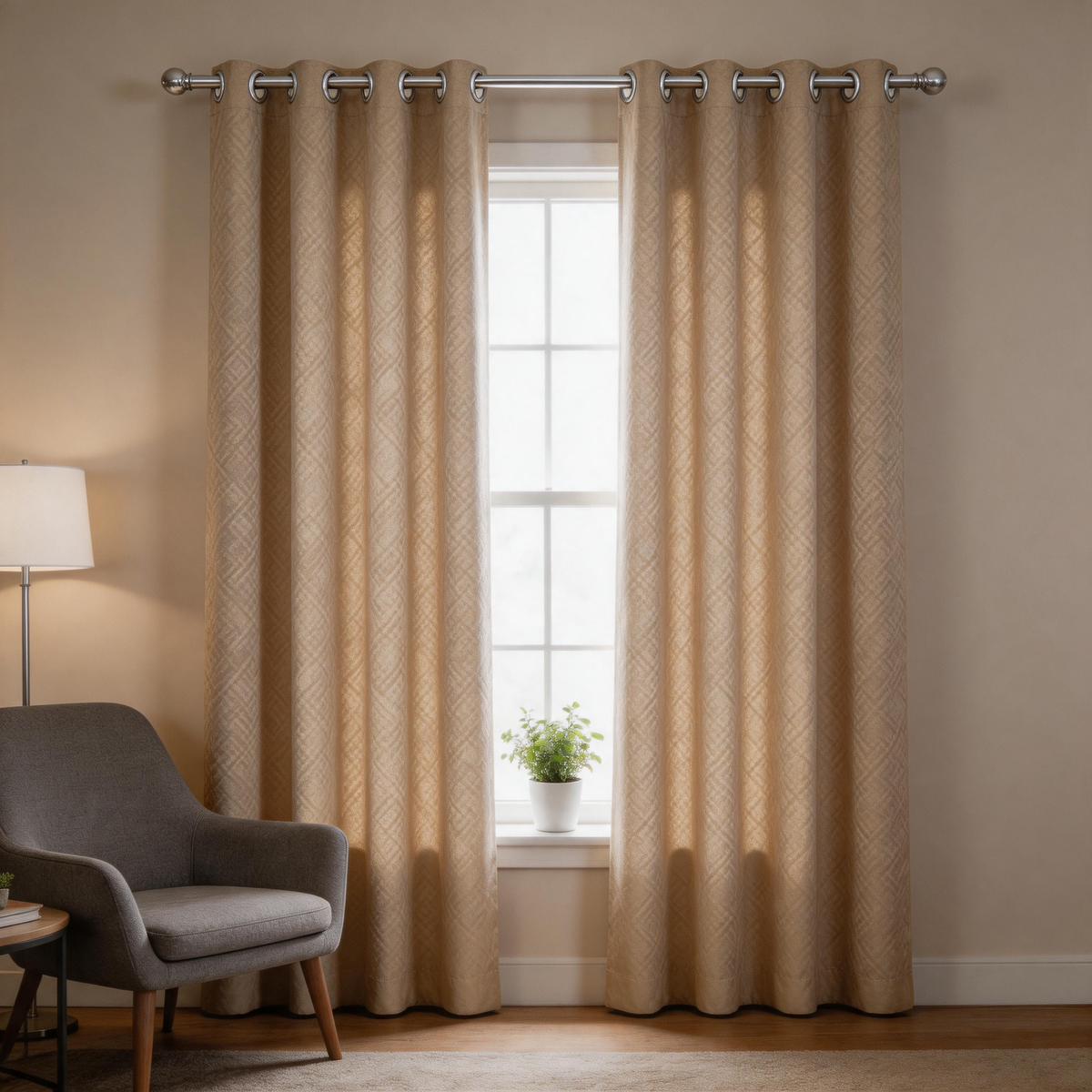 A pair of beige patterned grommet curtains hanging on a silver rod in a styled room with a gray armchair, a floor lamp, and a small potted plant by a window.