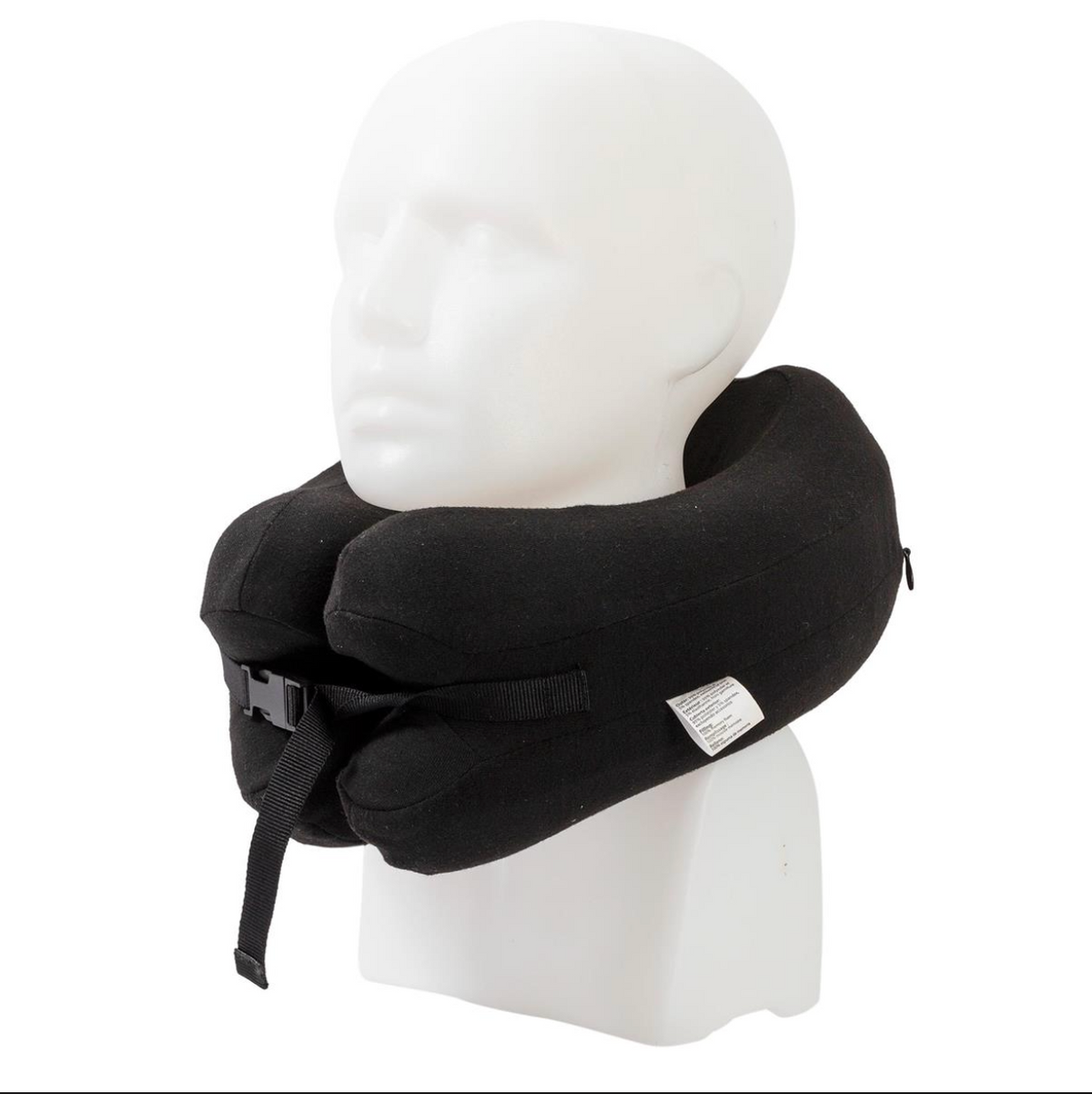 Black memory foam neck pillow worn around the neck of a white mannequin head, fastened with the buckle strap