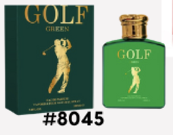Golf Green Eau de Parfum bottle with a gold cap, next to its dark green packaging box featuring a golfer graphic, displayed against a white background.