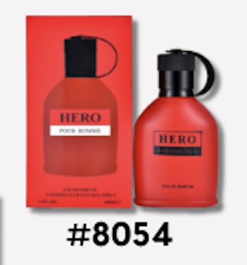 Hero Pour Homme Eau de Parfum red bottle with a black cap, next to its matching red packaging box, displayed against a white background.