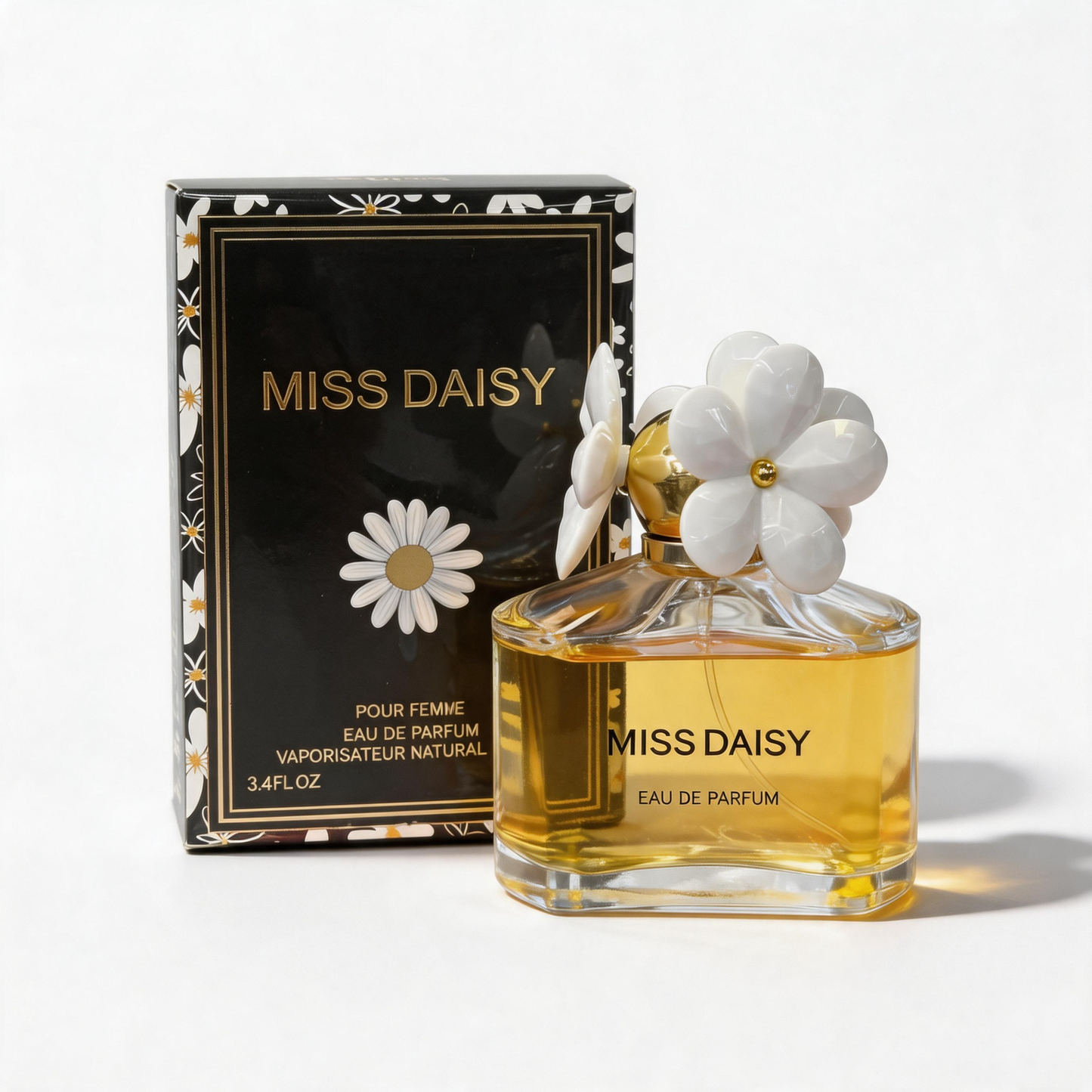 Miss Daisy Eau de Parfum 100 ml square bottle with a white daisy-shaped cap, next to its black and white packaging box, displayed against a white background.
