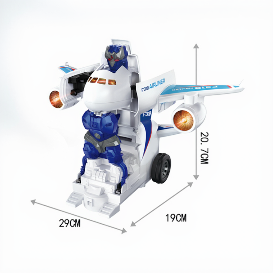 Toy robot with airplane body and dimensions displayed