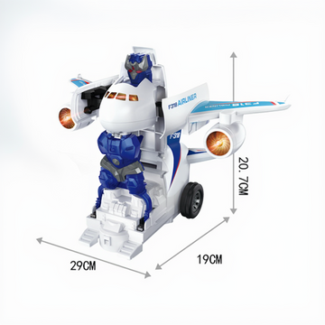 Toy robot with airplane body and dimensions displayed
