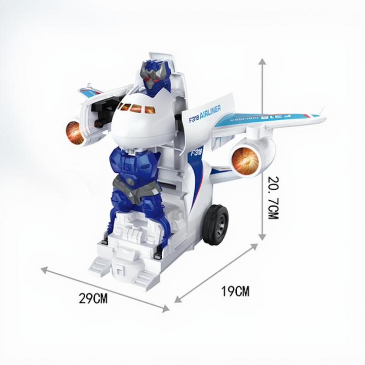 Toy robot with airplane body and dimensions displayed