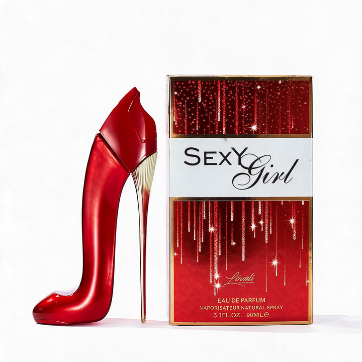 Red high-heeled shoe and 'Sexy Girl' perfume box on a white background