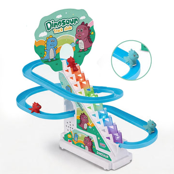 A children's dinosaur track slide toy with blue curved rails, colorful dinosaur-themed steps, a printed dinosaur sign, and small dinosaur figures, shown on a clean white background with a circular inset detail view.