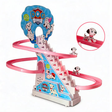 A children's toy dog race track set featuring a pink spiral ramp, a blue slide with dog illustrations, and small Dalmatian dog figures. An inset circle shows one of the dogs running on the track.