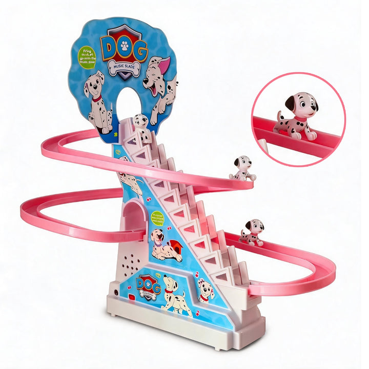 A children's toy dog race track set featuring a pink spiral ramp, a blue slide with dog illustrations, and small Dalmatian dog figures. An inset circle shows one of the dogs running on the track.