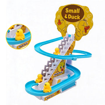 A children's toy race track set labeled 'Small & Duck' with bright blue curved tracks, white stair-like barriers, small yellow duck figures, and a large yellow duck-head sign. A circular inset shows a close-up of a duck on a blue section.