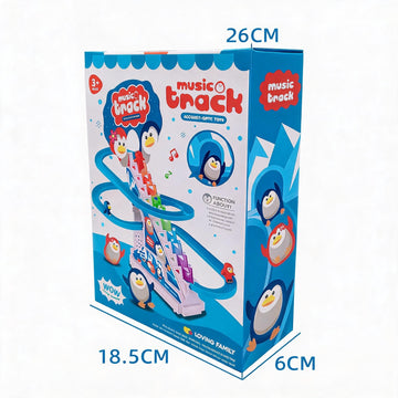 Box packaging for a children's toy called 'music track' shown on a white background with blue dimension labels reading 26CM, 18.5CM, and 6CM.