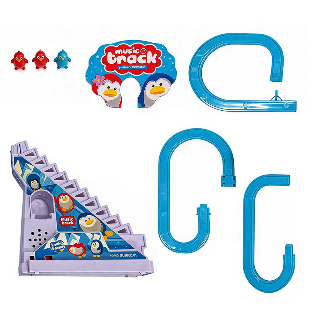 Angry Birds themed Music Brack toy set on a white background, including a purple and blue track-and-drop structure, four blue curved track pieces, three small bird figures, and a branded sign.