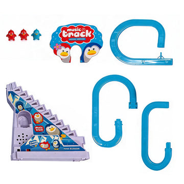 Angry Birds themed Music Brack toy set on a white background, including a purple and blue track-and-drop structure, four blue curved track pieces, three small bird figures, and a branded sign.