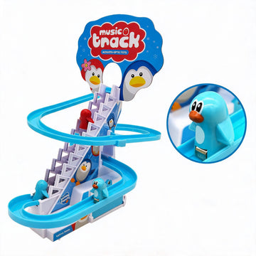 A children's toy race track set with a spiral blue track, white and blue penguin-themed base, a large blue sign reading 'music track', and a circular inset close-up of a blue penguin figure.