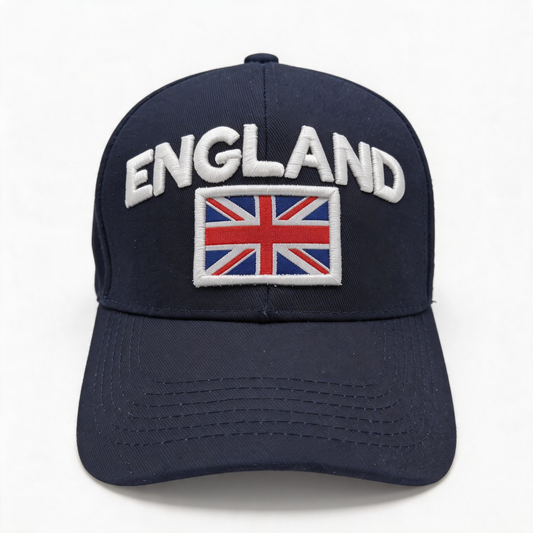 Navy blue cap with 'ENGLAND' and Union Jack design on a white background