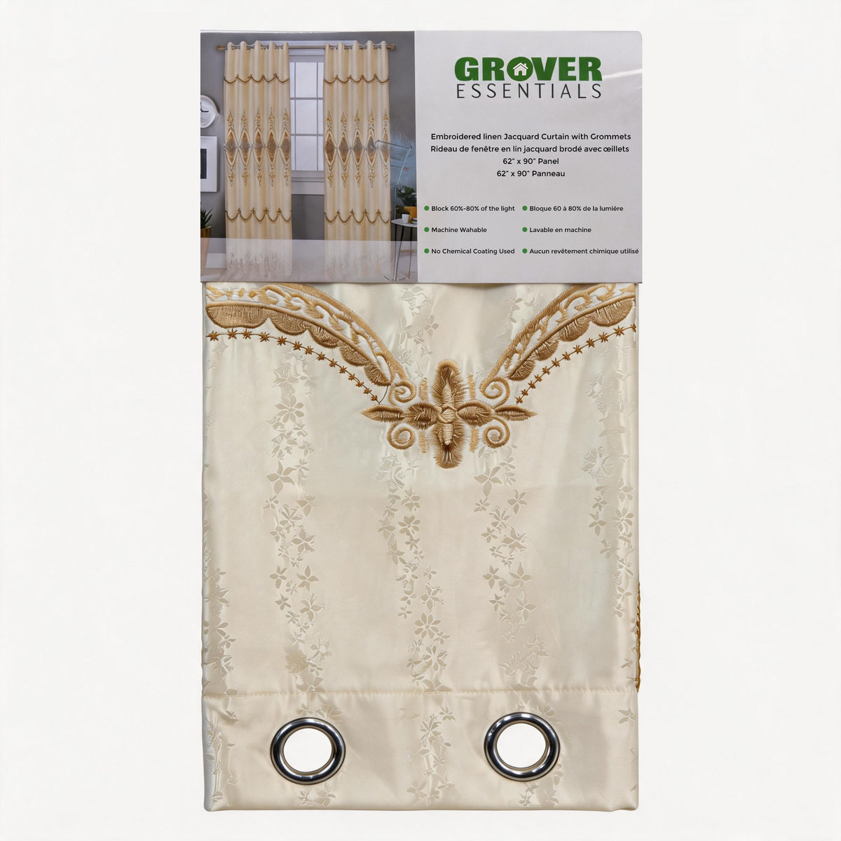 Grover Essentials embroidered inner rod curtain panel in a cream and gold colorway, packaged with a clear header card showing the brand and product details.