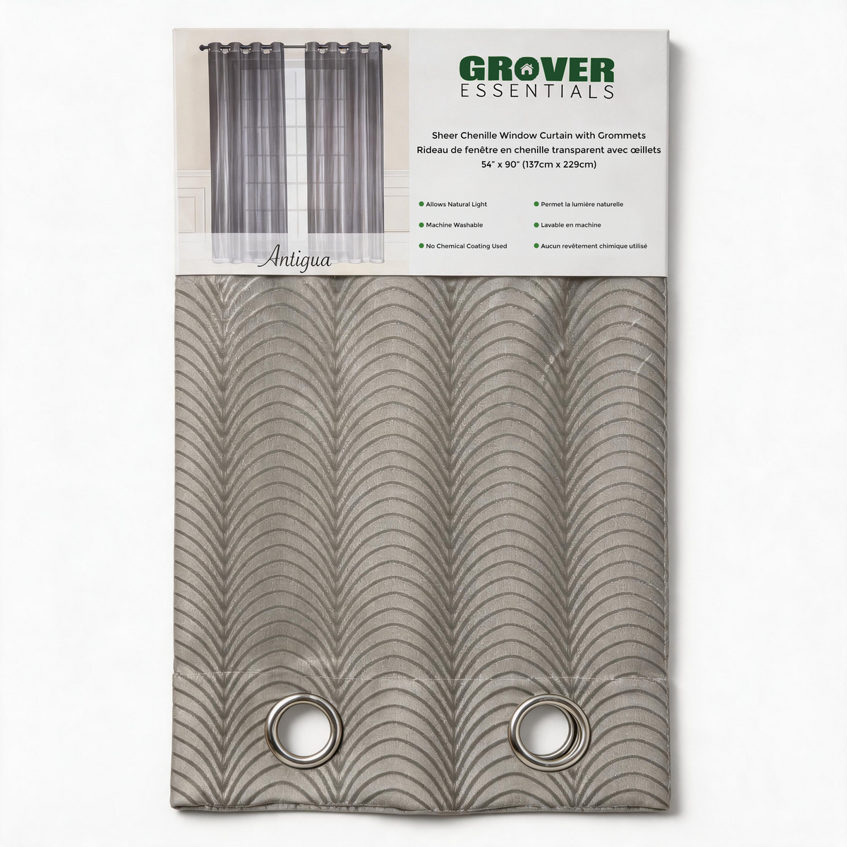 Antigua sheer chenille curtain panel, 54" x 90", in Grover Essentials retail packaging with grommet top