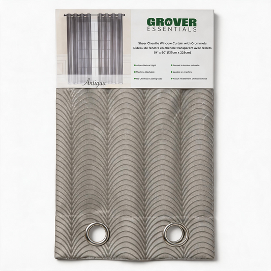 Antigua sheer chenille curtain panel, 54" x 90", in Grover Essentials retail packaging with grommet top