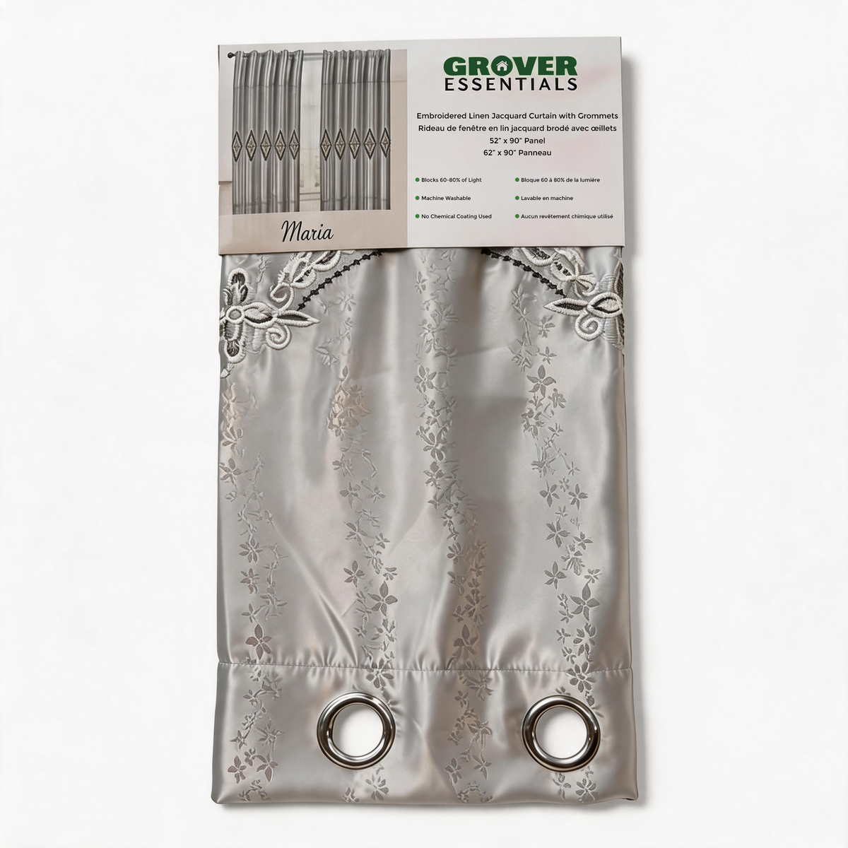Grover Essentials Maria embroidered linen curtain panel in a metallic silver color with floral embroidery and two metal grommets, shown on its retail packaging against a white background.