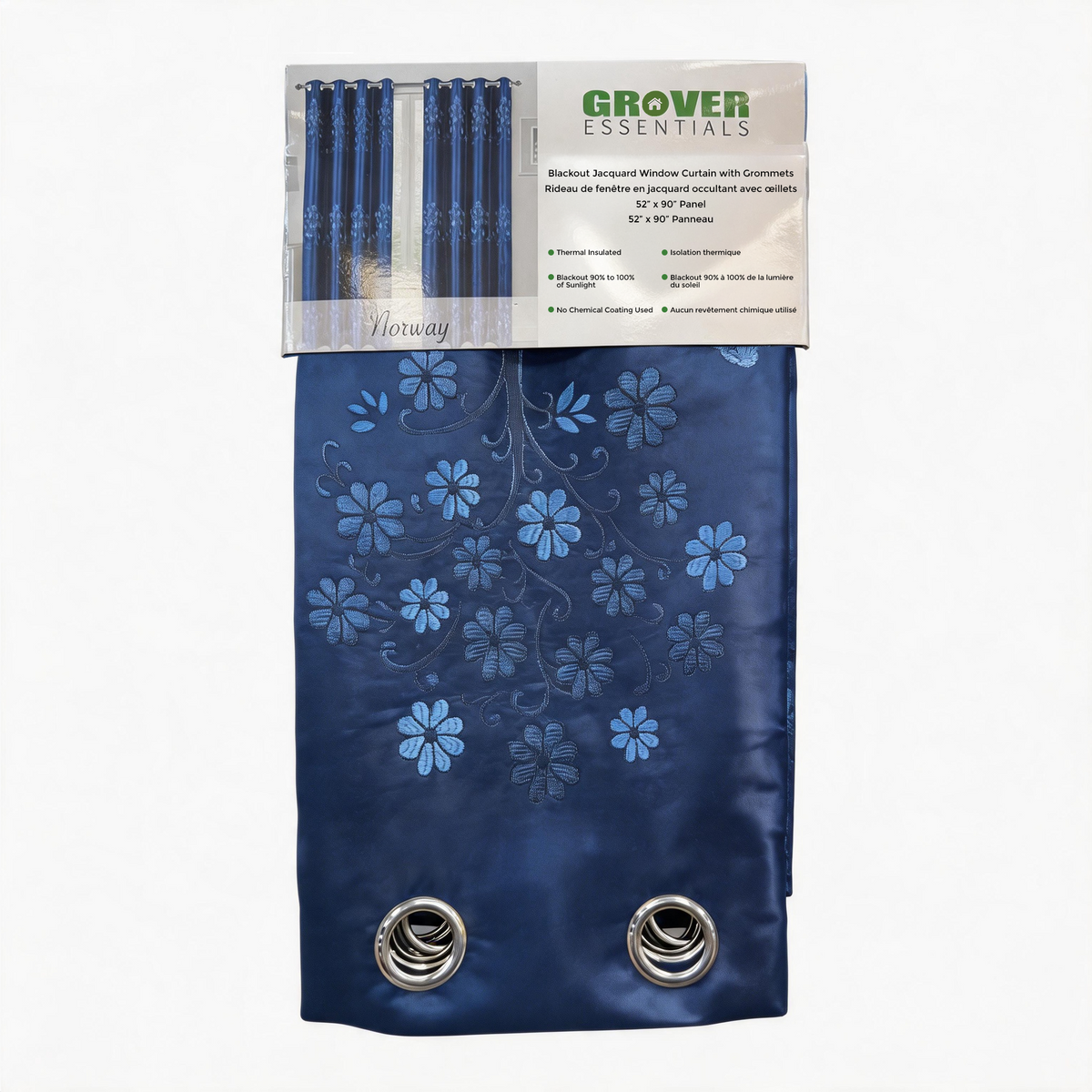Grover Essentials navy blue curtain panel with a light blue floral pattern, featuring two silver metal grommets at the bottom and a matching header card.