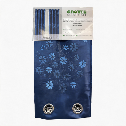 Grover Essentials navy blue curtain panel with a light blue floral pattern, featuring two silver metal grommets at the bottom and a matching header card.