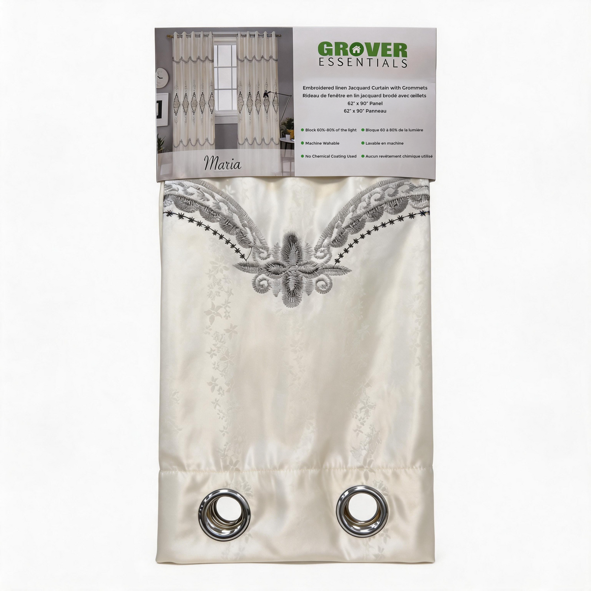 A packaged cream-colored curtain panel with a decorative silver-gray embroidered floral motif near the top and two metal grommets at the bottom, shown against a plain white background with the Grover Essentials header card visible.