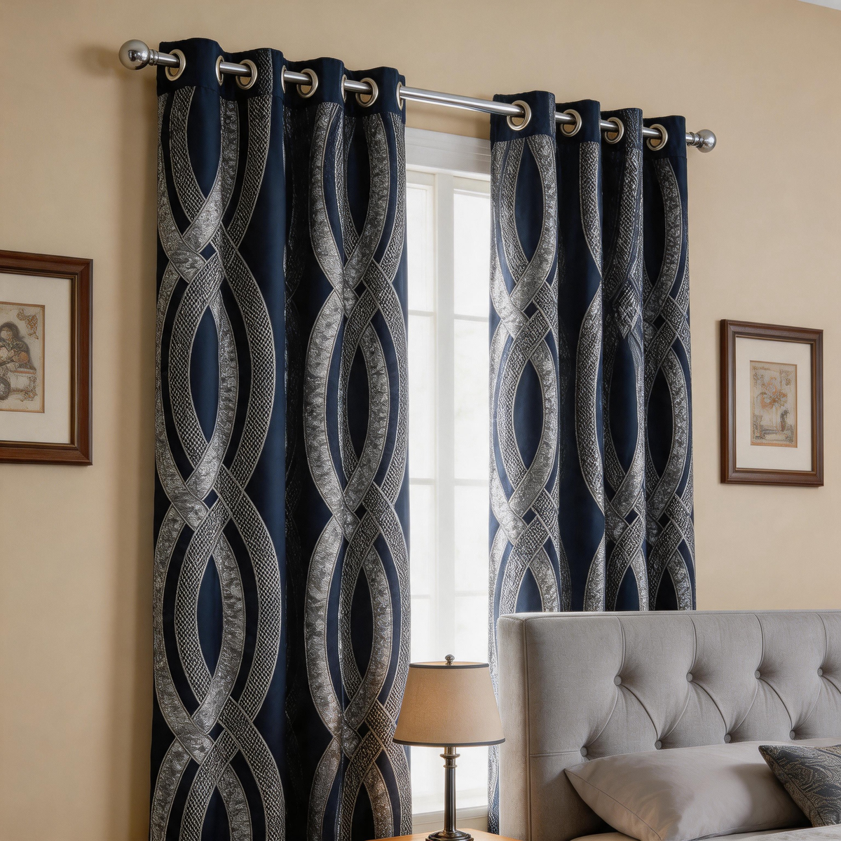 Pair of navy blue Melonie jacquard grommet curtains with a silver interlocking wave pattern hanging over a window