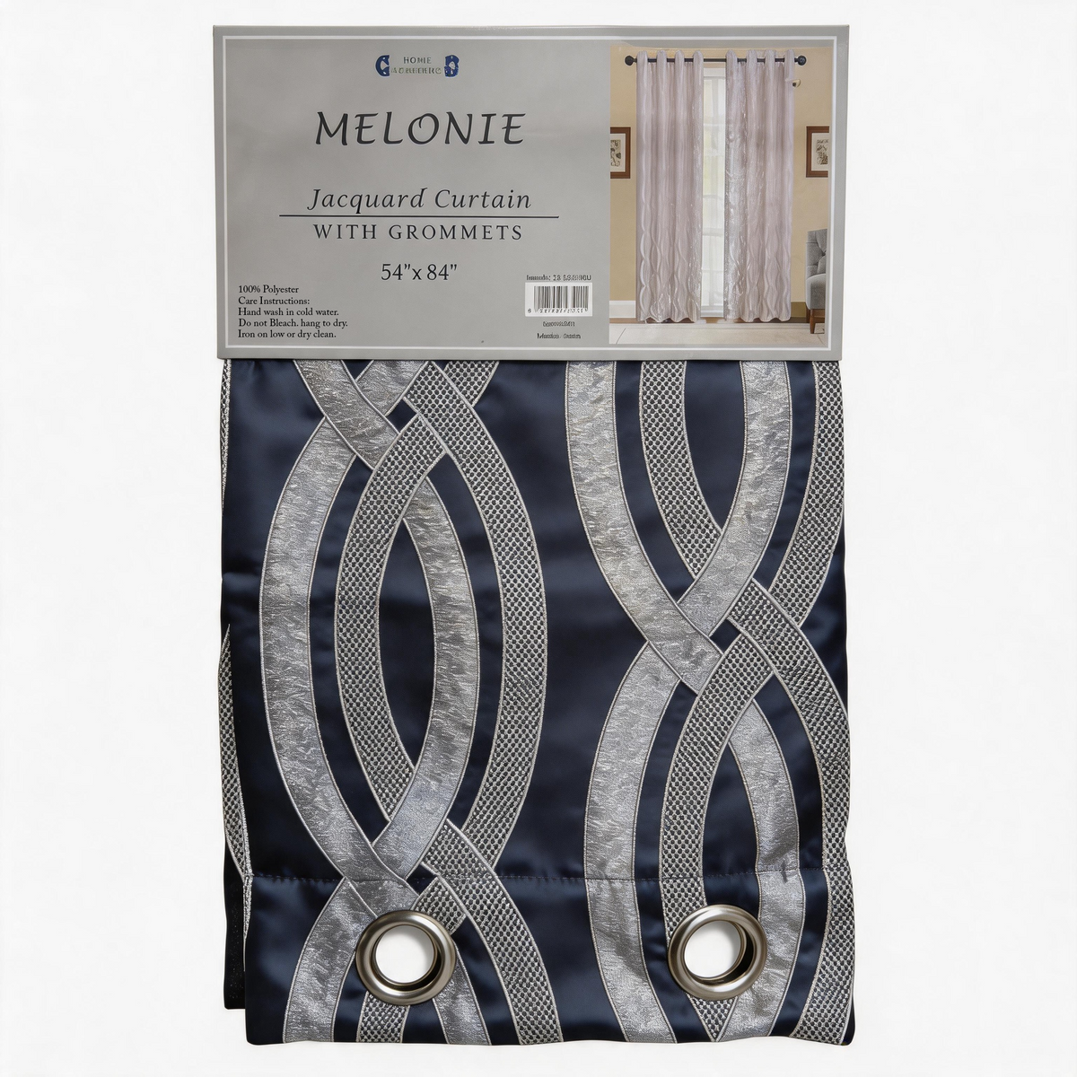 Melonie jacquard curtain panel in navy blue with a silver interlocking wave pattern, 54" x 84", in Home Aesthetics retail packaging
