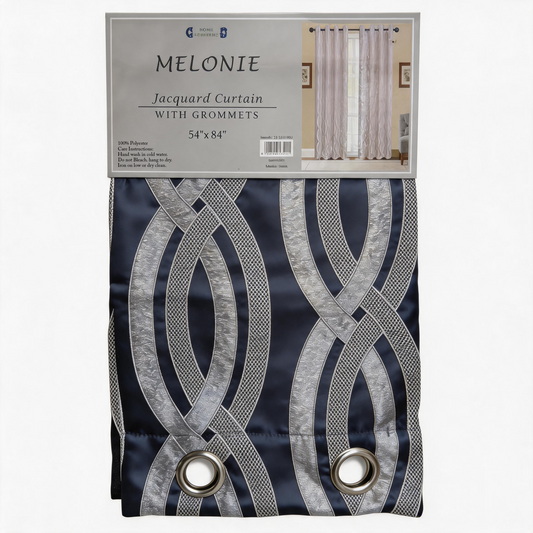 Melonie jacquard curtain panel in navy blue with a silver interlocking wave pattern, 54" x 84", in Home Aesthetics retail packaging