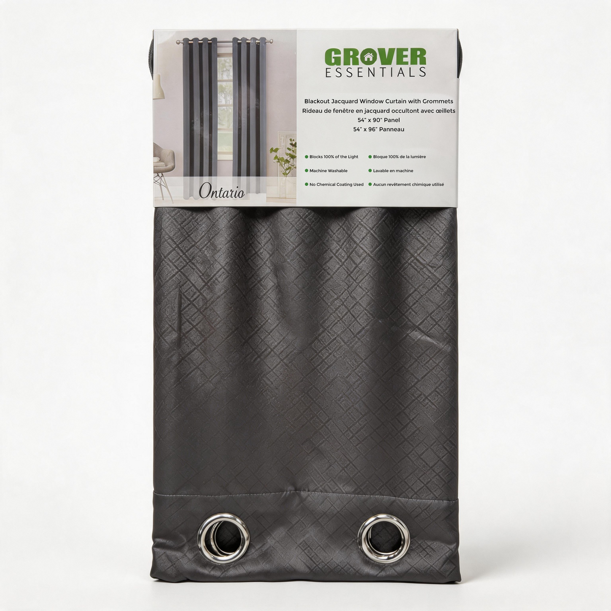 Grover Essentials blackout window curtain in a dark gray color, packaged with its header card. The curtain features a textured diamond pattern and two silver metal grommets at the bottom.