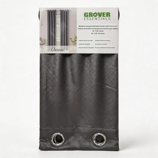 Grover Essentials blackout window curtain in a dark gray color, packaged with its header card. The curtain features a textured diamond pattern and two silver metal grommets at the bottom.