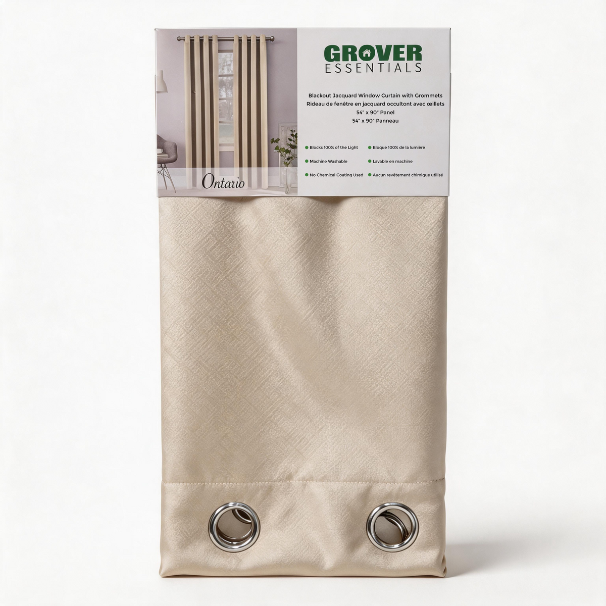 Ontario blackout jacquard curtain panel in ivory, 54" x 90", folded in Grover Essentials retail packaging with metal grommets