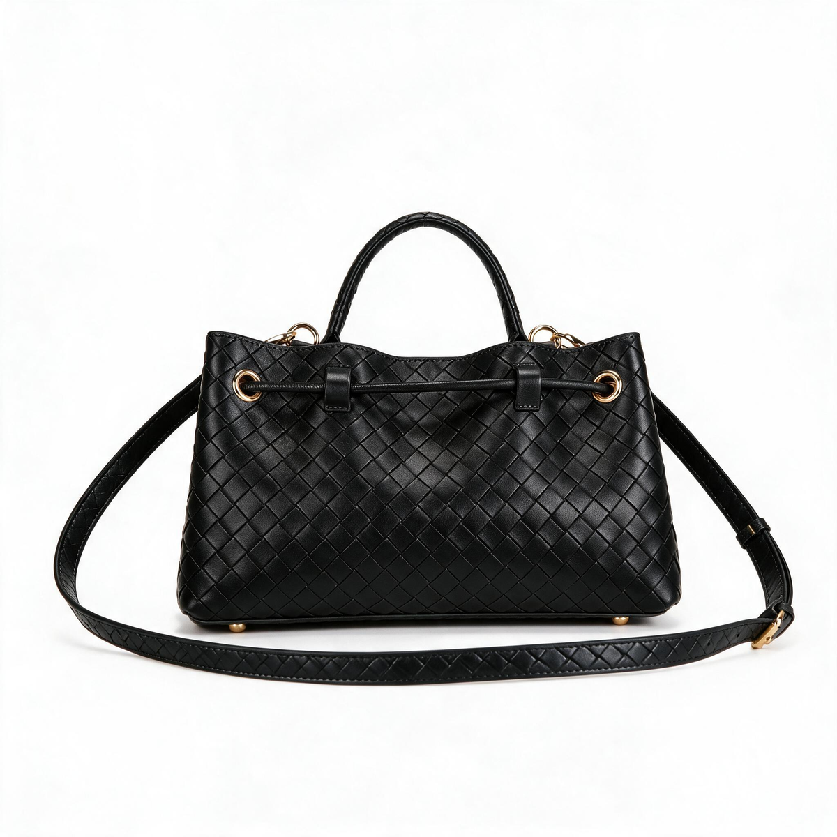 Black woven leather handbag with a top handle, adjustable shoulder strap, and gold-tone hardware, photographed on a clean white background.