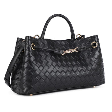 Black woven handbag with gold accents on a white background