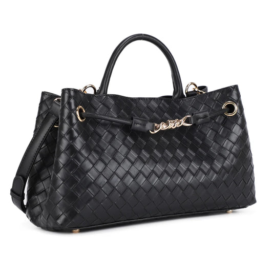 Black woven handbag with gold accents on a white background