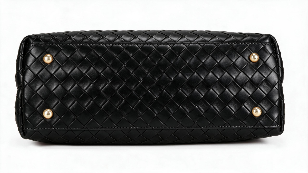 Black woven leather handbag bottom view showing a diamond-quilted pattern and four gold-tone metal studs on a white background.