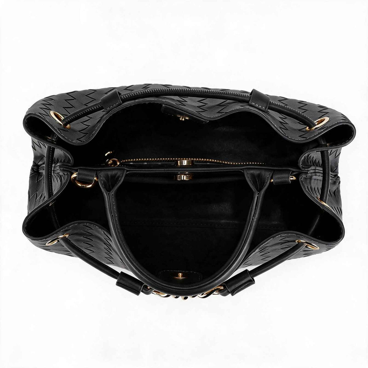 Black woven leather handbag shown from a top-down view, featuring a spacious interior with gold-tone hardware and a zippered compartment.