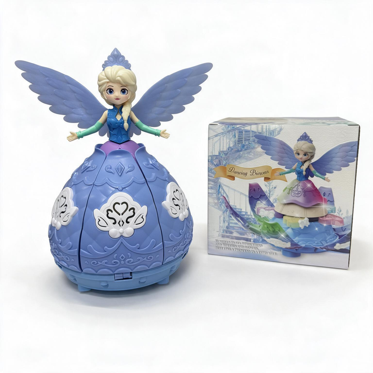 Frozen Elsa toy figure with blue wings and a blue egg-shaped base, shown next to its retail box on a white background.