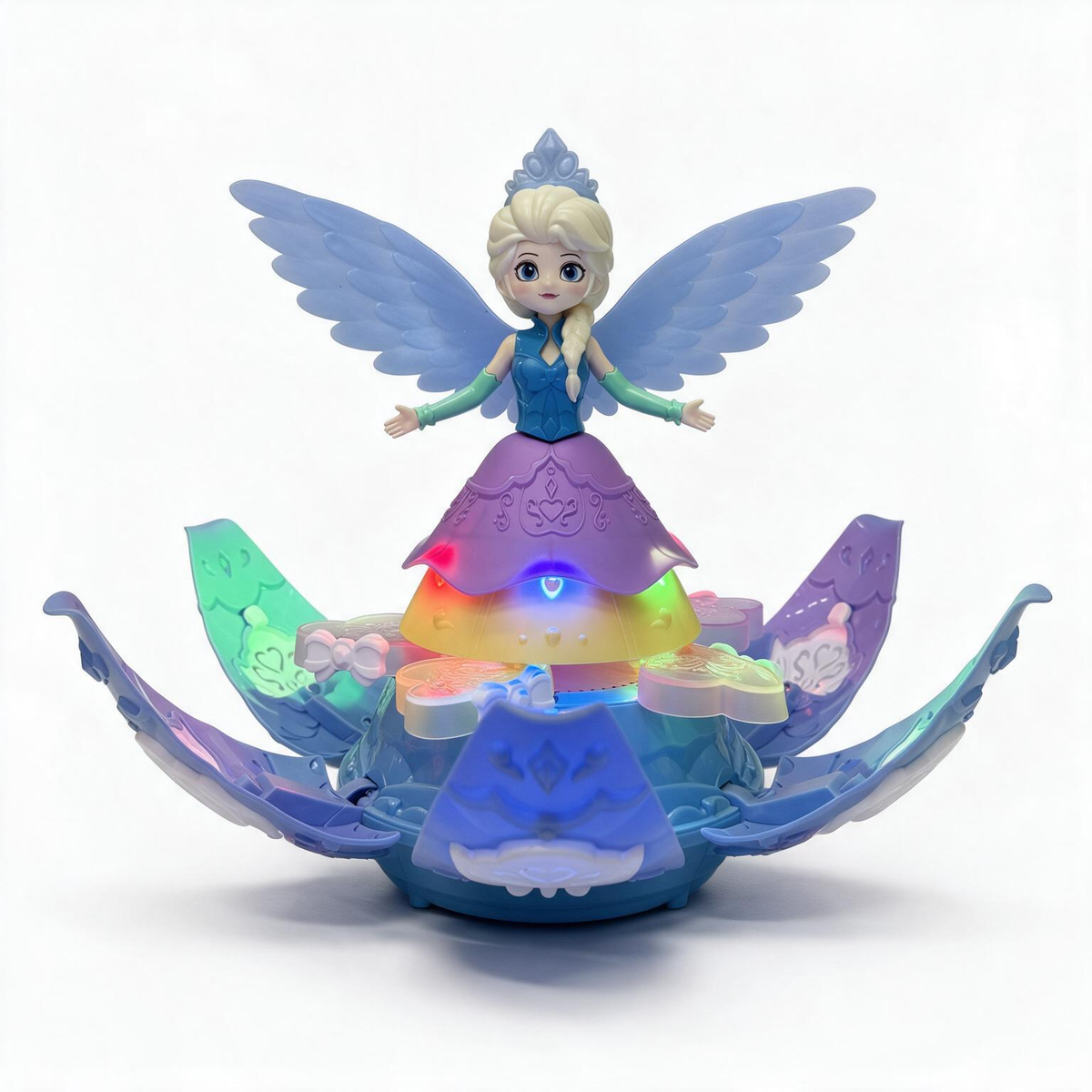 A toy figurine of Elsa with blue wings, standing on a colorful flower-shaped base with glowing LED lights, photographed against a plain white background.