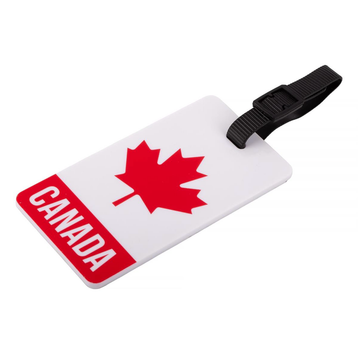 Luggage tag with a red maple leaf and 'Canada' text on a white background