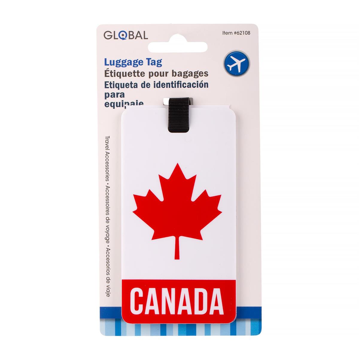 Luggage tag with a red maple leaf and 'Canada' text on a Global packaging