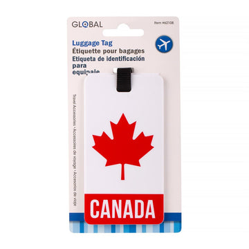 Luggage tag with a red maple leaf and 'Canada' text on a Global packaging