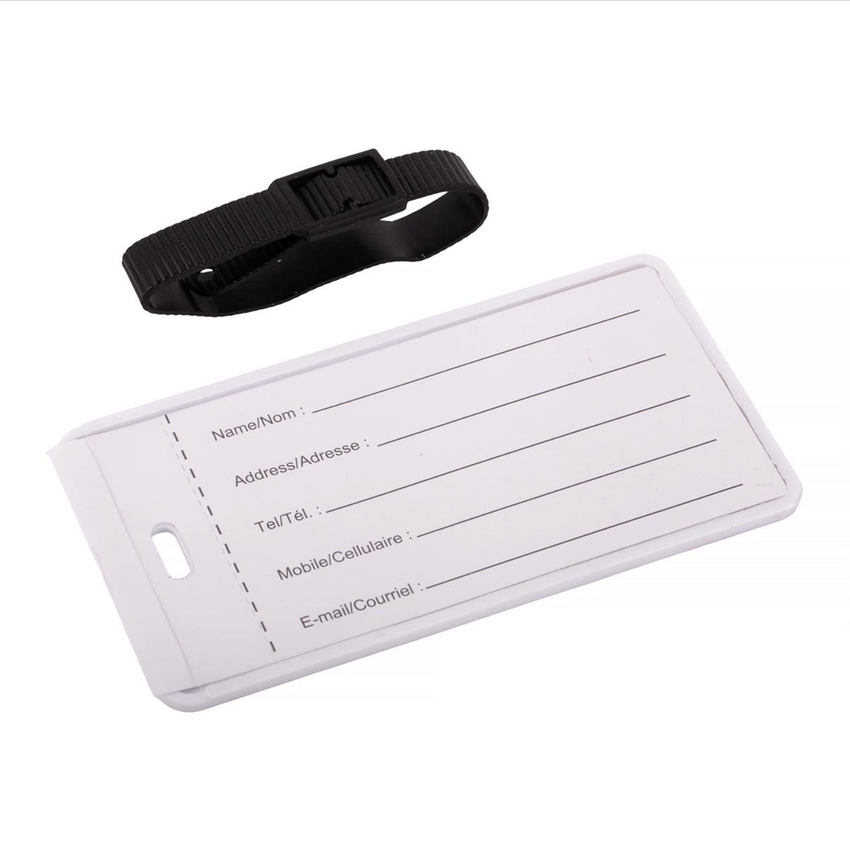 White luggage tag with black strap on a white background