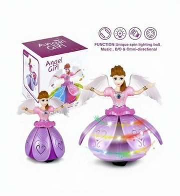 Toy figure of a girl in a dress with wings and colorful skirt, next to packaging box on a white background.