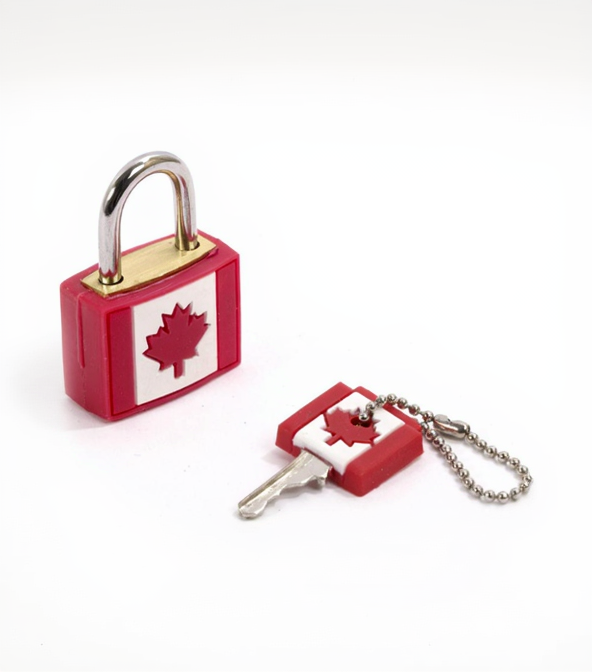 Red and white padlock with a key featuring the Canadian flag on a white background