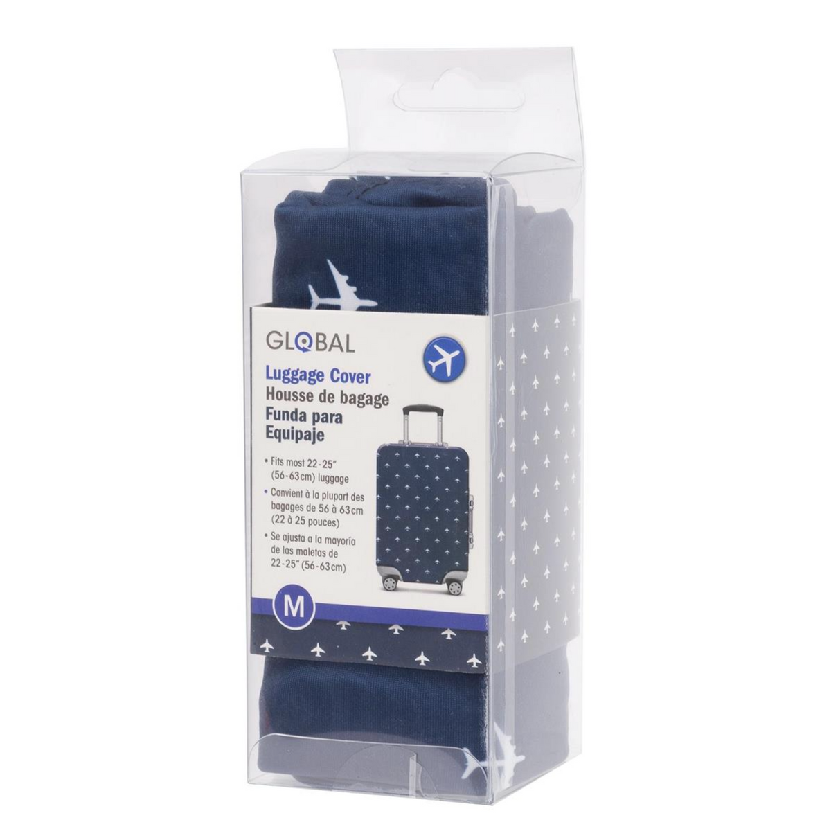Navy blue luggage cover in clear packaging with Global Luggage branding.