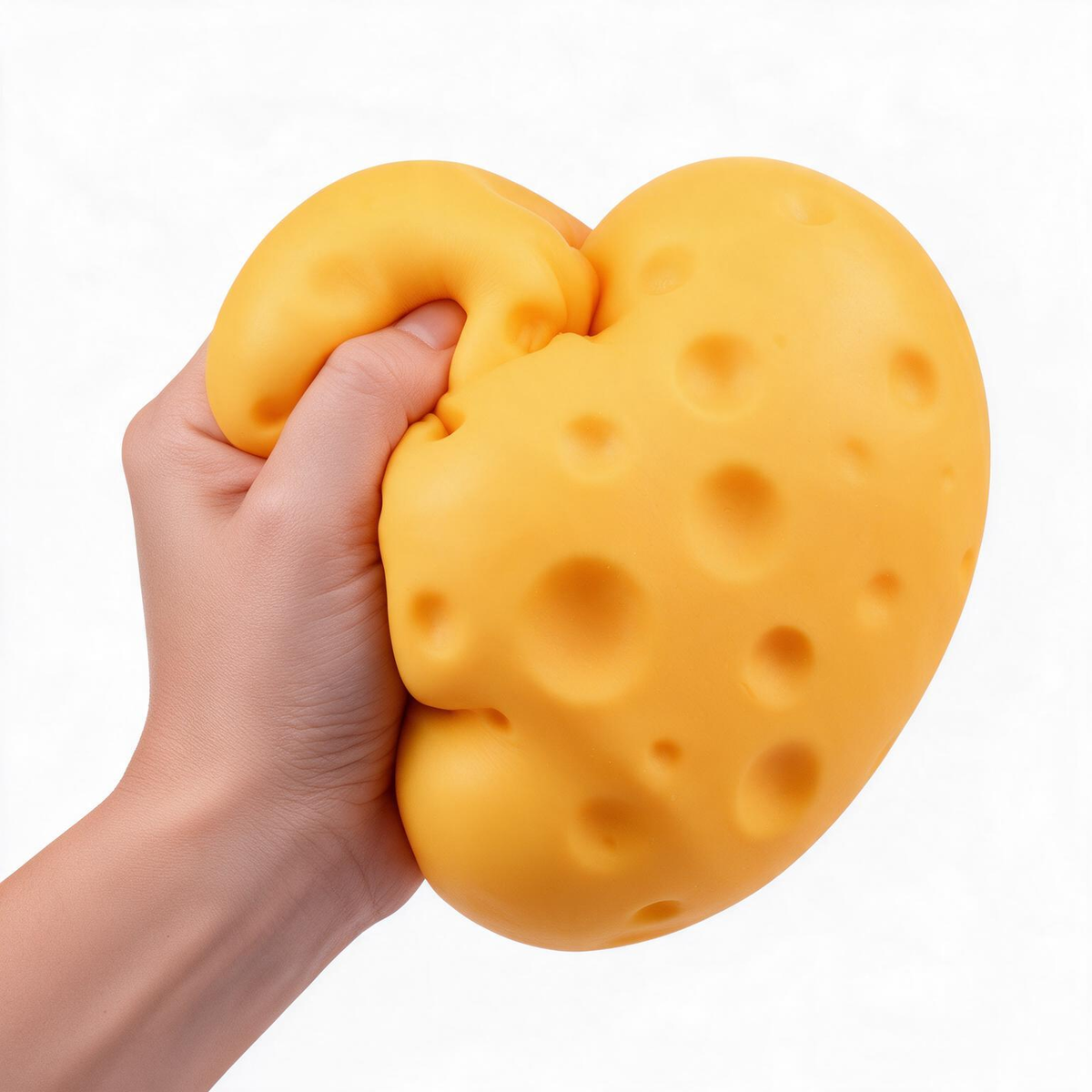 A hand squeezing a yellow, cheese-like stress toy with large holes, shown against a plain white background.