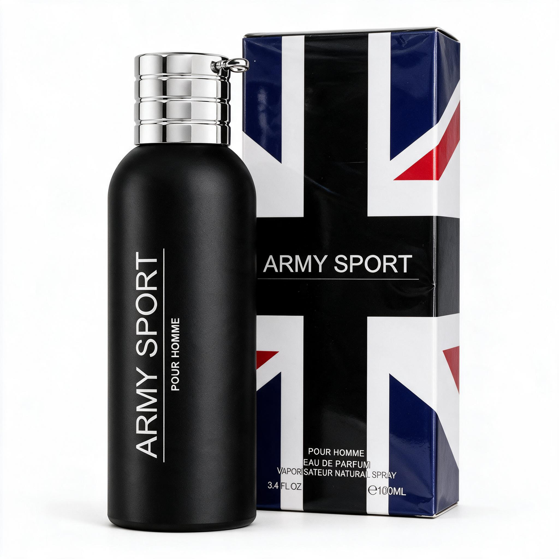 A matte black cylindrical perfume bottle with a silver cap stands next to its retail box. The packaging features a Union Jack design with the text 'ARMY SPORT POUR HOMME'.