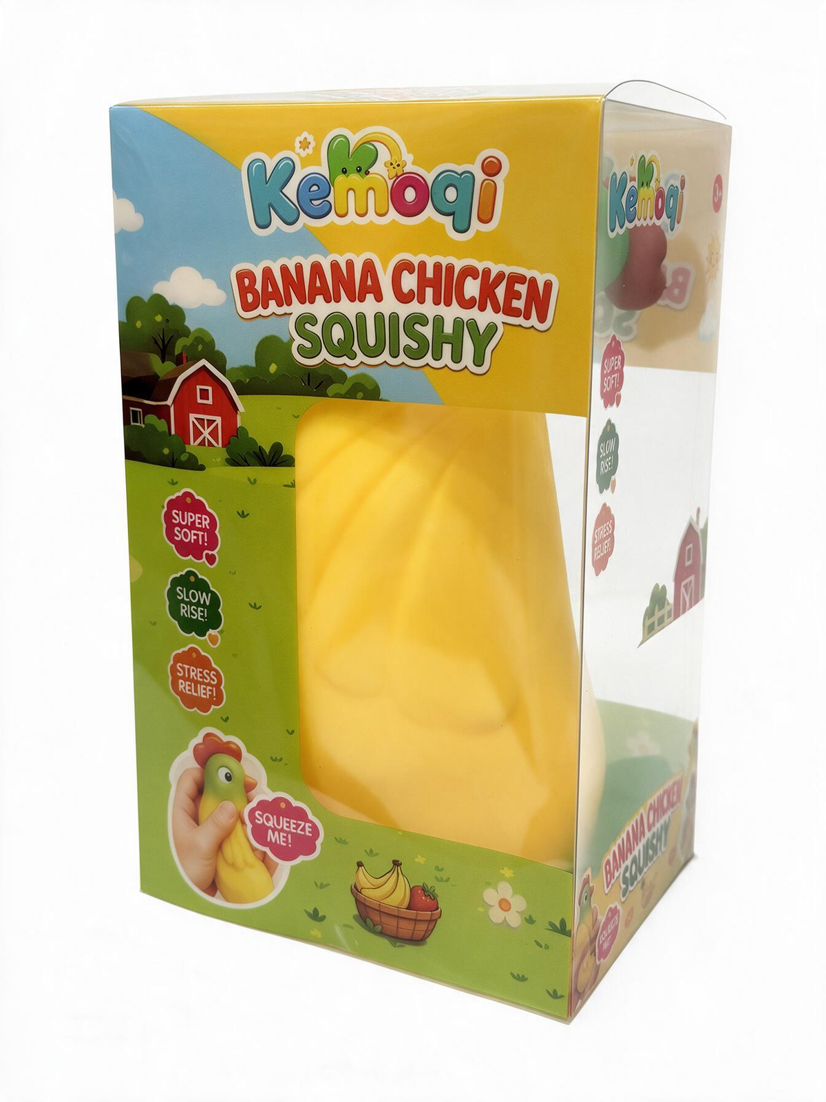 Kemoqi Banana Chicken Squishy in its original retail packaging, featuring a bright yellow squishy toy visible through a clear window on a white background.
