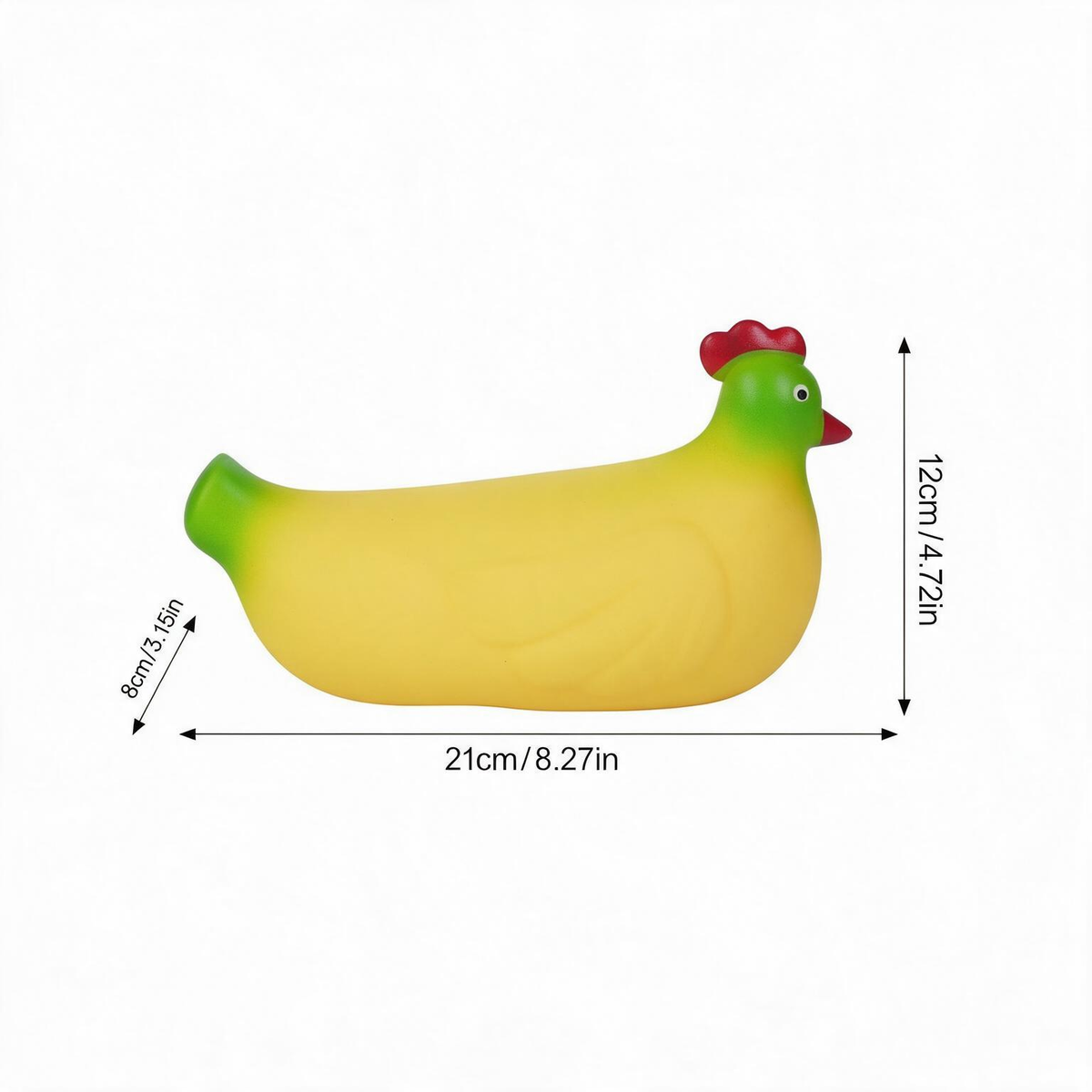 A yellow rubber chicken toy with a green head and red comb, shown on a white background with dimension arrows and labels indicating 21cm length, 12cm height, and 8cm depth.