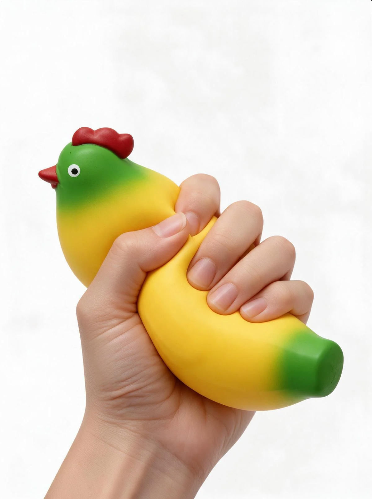A hand squeezing a squishy toy shaped like a chicken with a yellow and green body and a red comb, against a light gray background.